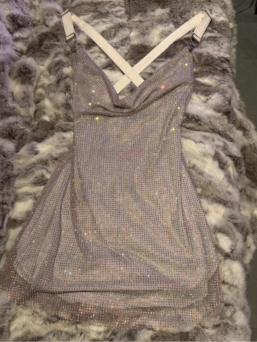Elsie & Fred Diamond rhinestone mini dress with cowl neck and leather straps